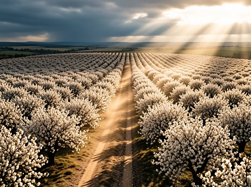 Rows of white blossoming trees stretch toward the horizon under a sky where bright sunbeams cut through heavy clouds.