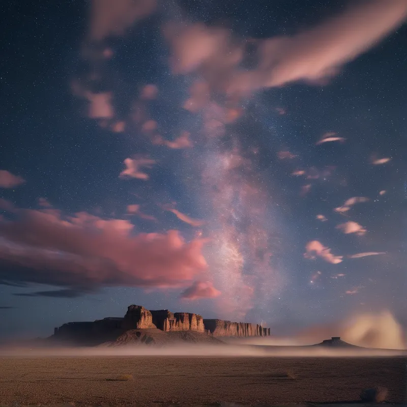 Dark mesa silhouette rises against a starry sky featuring the milky way and pink clouds above fog.