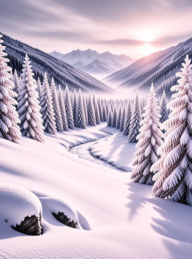 A winding river cuts through snow-dusted evergreens under a pastel pink and purple sky.