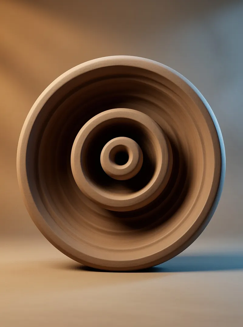 A beige geometric object with deep circular grooves sits on a surface under soft directional lighting.