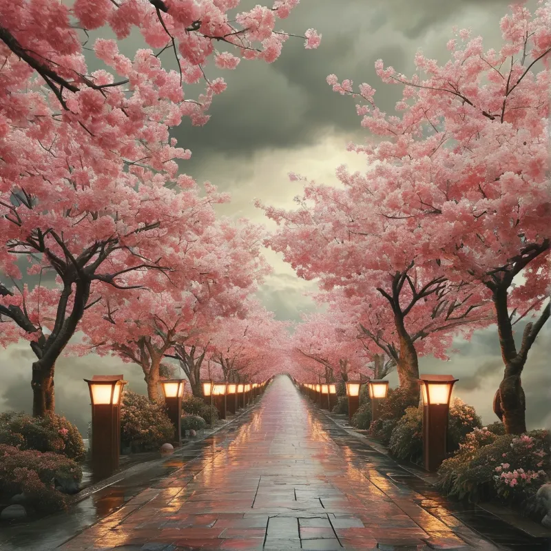 A wet path stretches into the distance, flanked by blooming pink cherry trees and glowing street lamps under a cloudy sky.