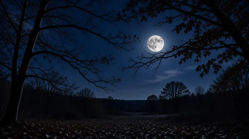 A luminous full moon hangs in a deep blue night sky framed by dark tree branches over a shadowed forest floor