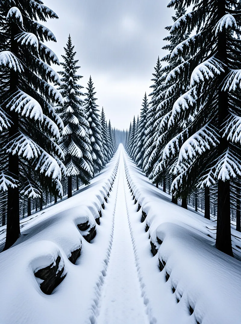 A narrow tracked path runs between snow heavy spruces whose bent branches vanish toward a pale winter horizon.