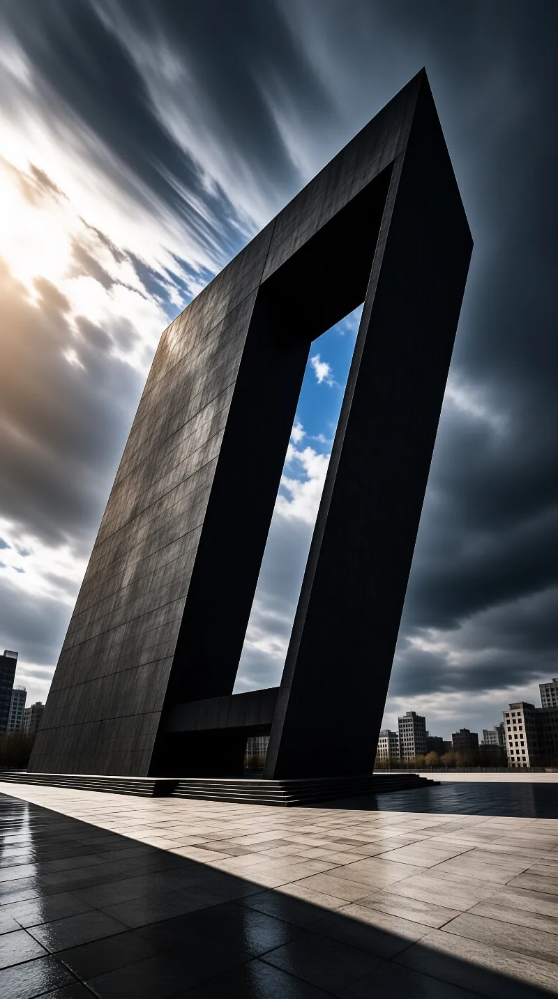 A large slanted concrete open frame rises over a wet paved plaza as sun shines through dark storm clouds.