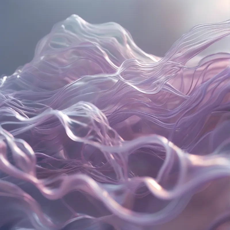 Curved translucent lavender threadlike fibers drift across the frame, glowing in soft pale light that fades into hazy grey.