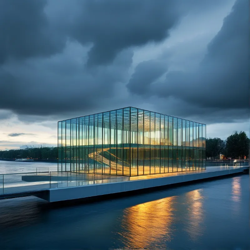 A transparent hall with warm interior light stands on a platform in calm water beneath heavy storm clouds at sunset.