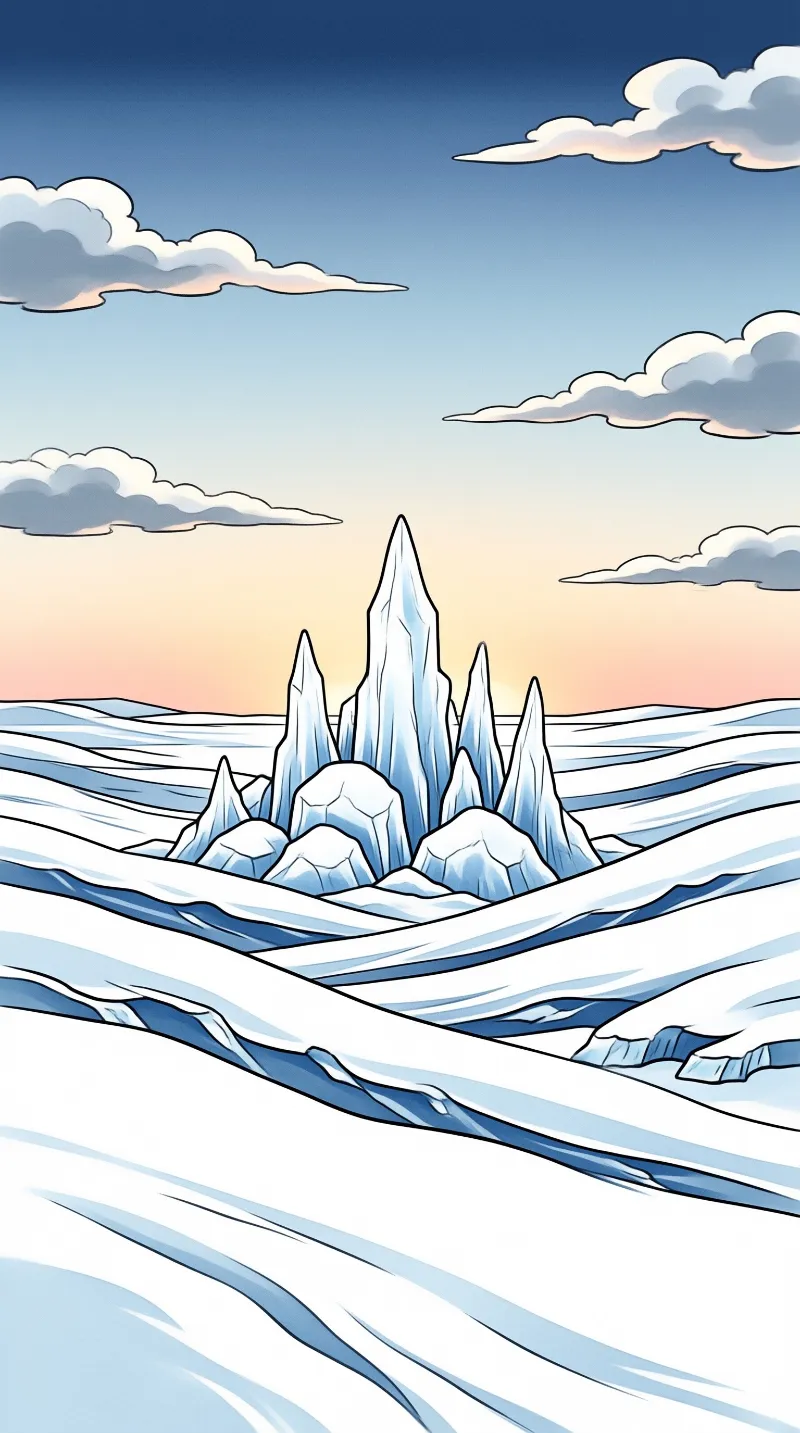 A cluster of tall ice spires rises from the snow-covered ground beneath a blue sky with clouds.