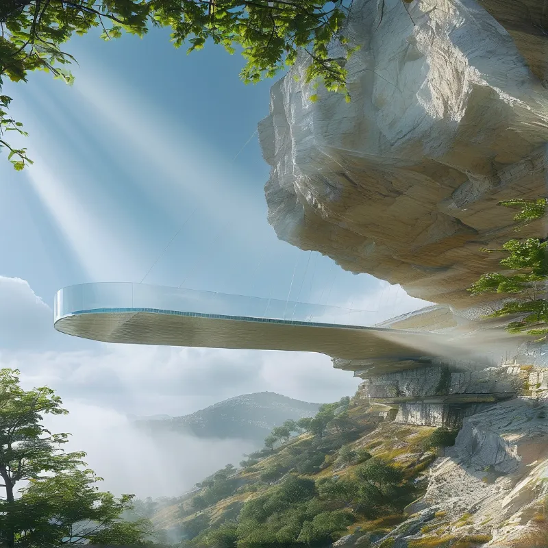 A curved glass walkway hangs on slender cables beneath an enormous rock overhang, looking out over sunlit wooded hills.