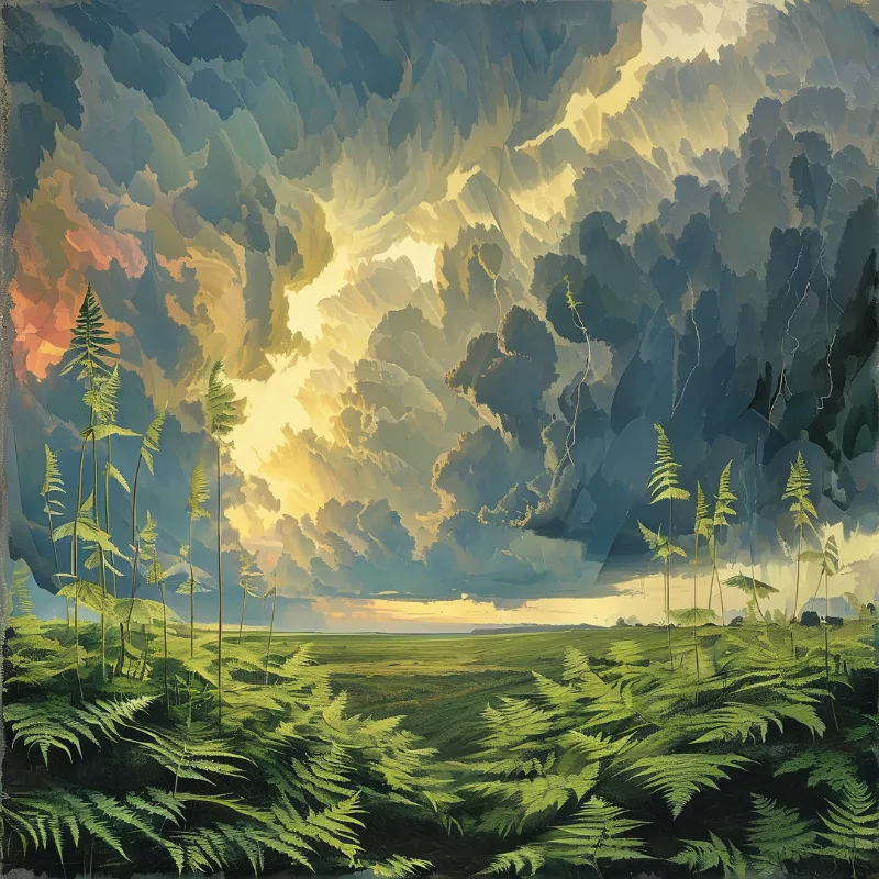 Tall ferns rise from a green moor as bright golden light splits through heavy grey storm clouds above the flat distant land.