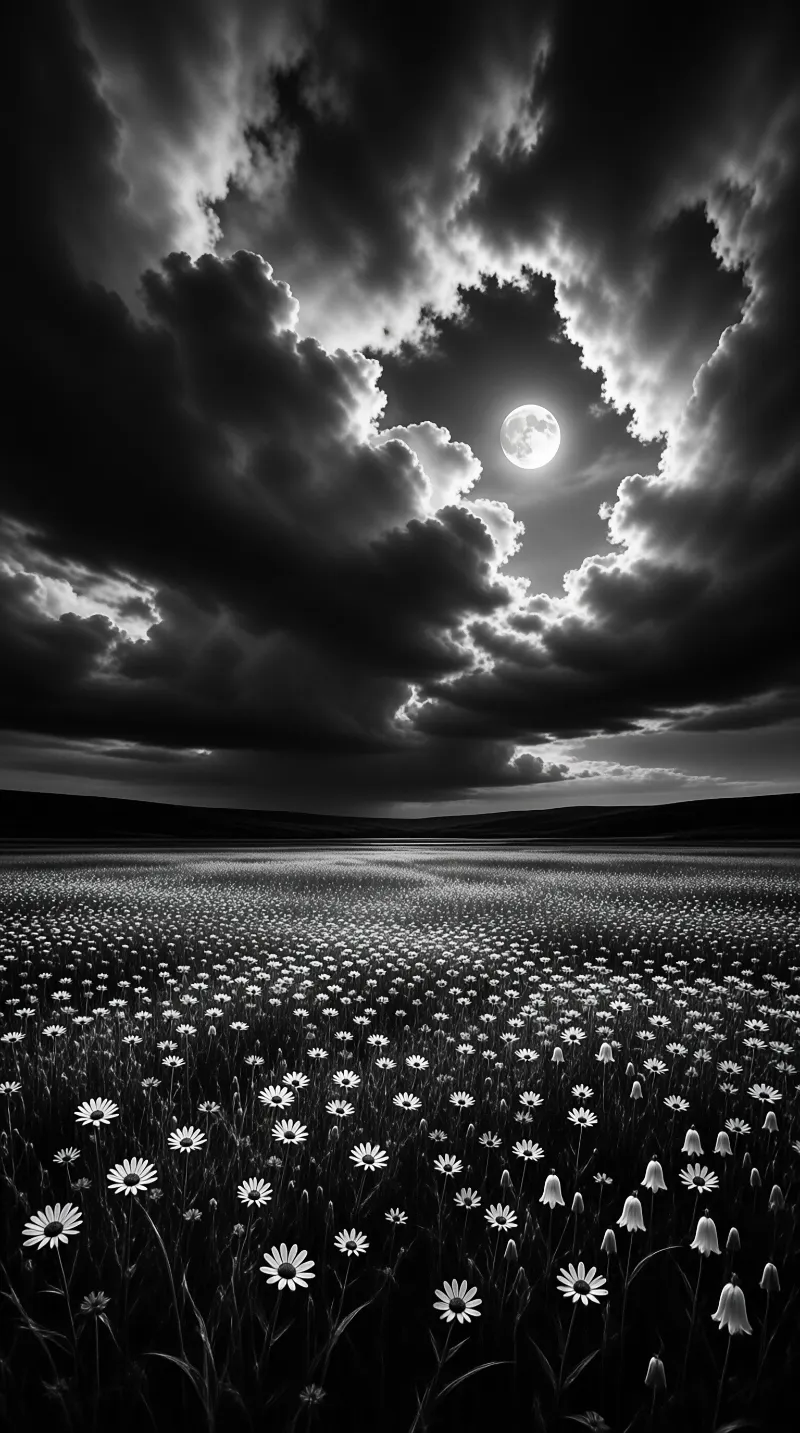 Monochrome meadow of white daisies stretches toward dark hills beneath a full moon breaking through heavy clouds