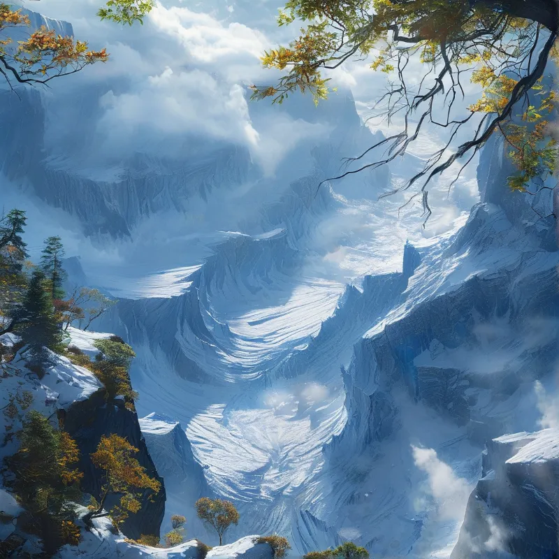 A vast glacier winds through a snowy mountain valley framed by tree branches and bright sunlight illuminating the ice.