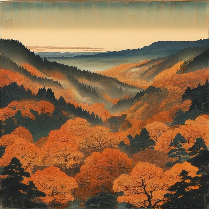 Layered mountainsides display vibrant orange deciduous trees contrasting with dark conifers amidst rising fog.