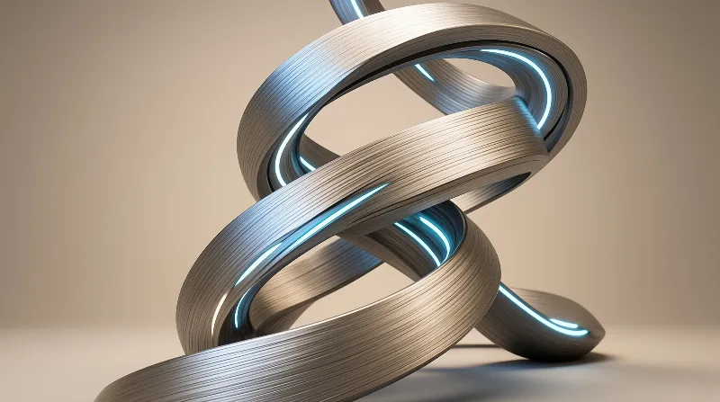Twisted brushed metal ribbon spirals upward with internal bright blue light strips against a neutral beige background.