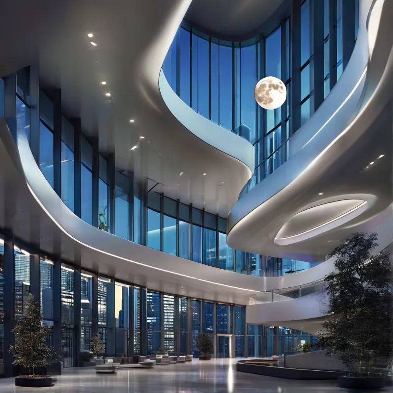 A white curved staircase winds through a high ceiling space overlooking a city skyline at dusk.