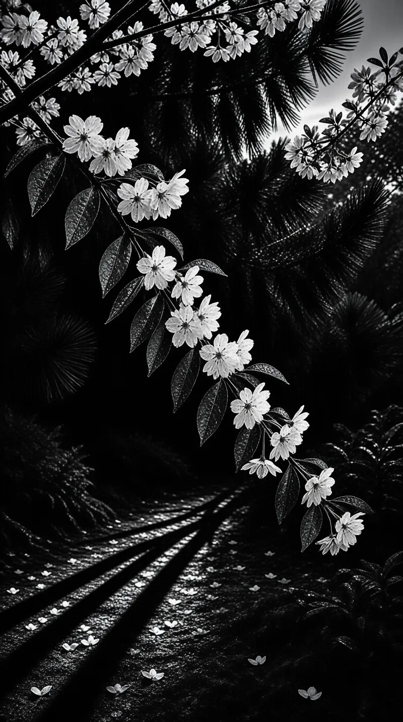 White cherry blossoms arch over a wet reflective surface dotted with petals against dark pine needles.