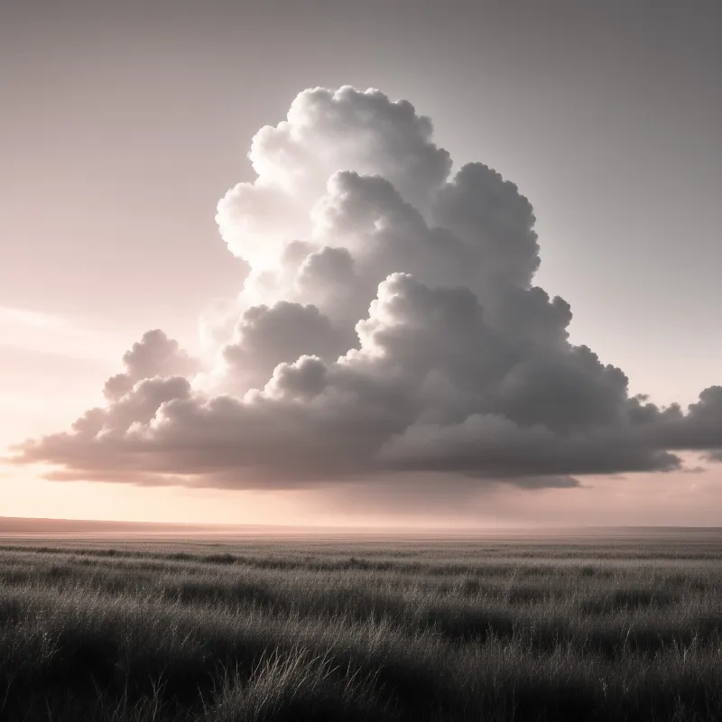 Heavy towering thunderhead looms above an endless dry grassland in soft warm evening light with distant rain drifting down