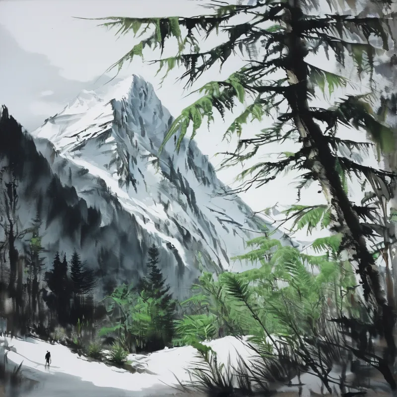 Loose brushwork renders a snowy crag above dark conifers, with a lone hiker crossing the lower snowfield.