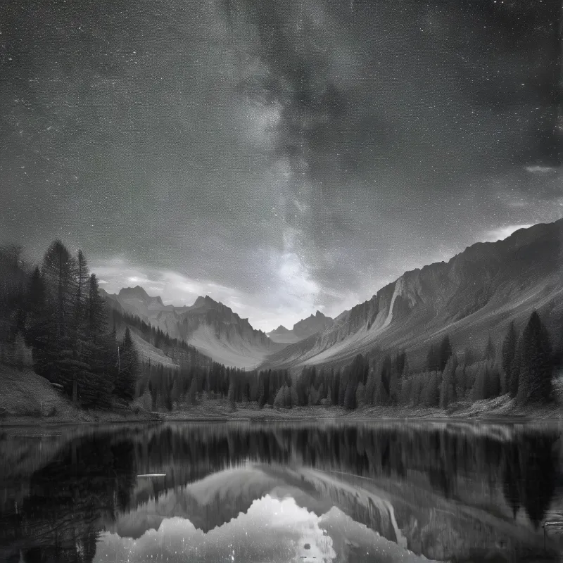 Black and white photo of a lake reflecting mountains and a starry sky with the Milky Way above a forested valley.