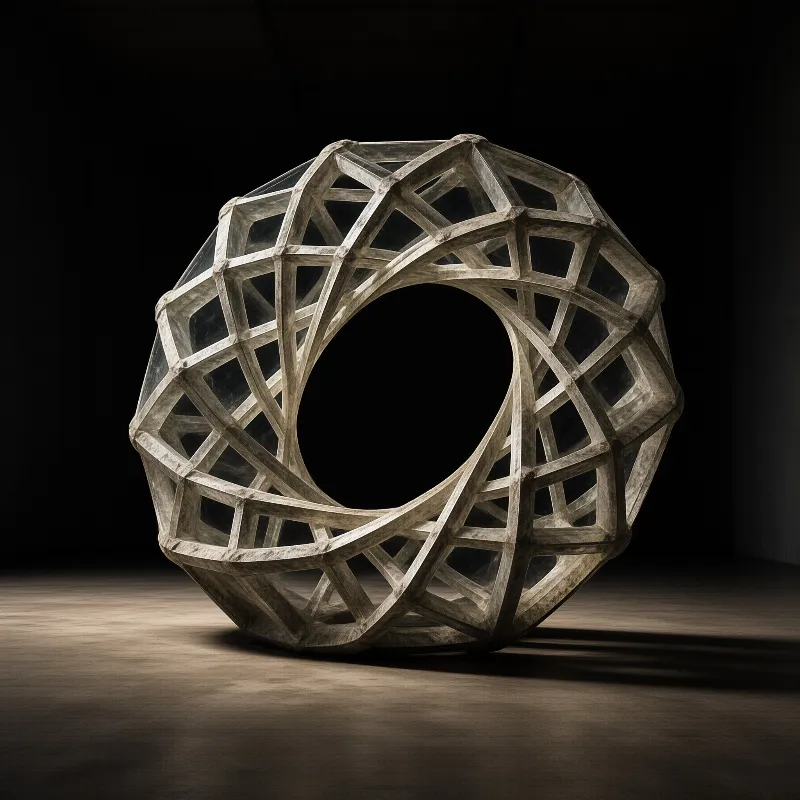 A massive ring-shaped sculpture constructed from a grey concrete lattice rests upon a smooth wooden surface under focused directional light that casts deep shadows behind it.