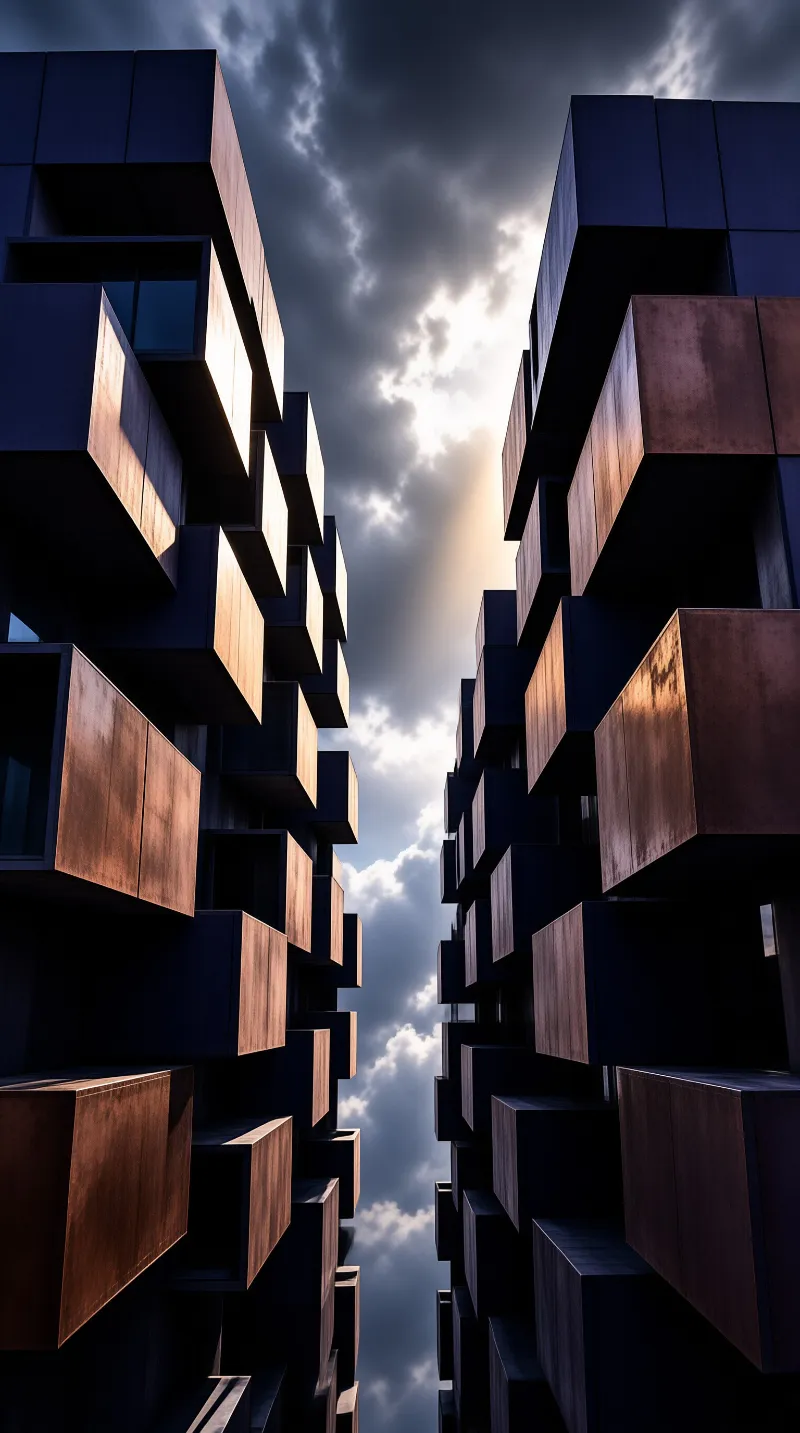 View looking up between dark geometric architecture and a bright stormy sky with golden light.