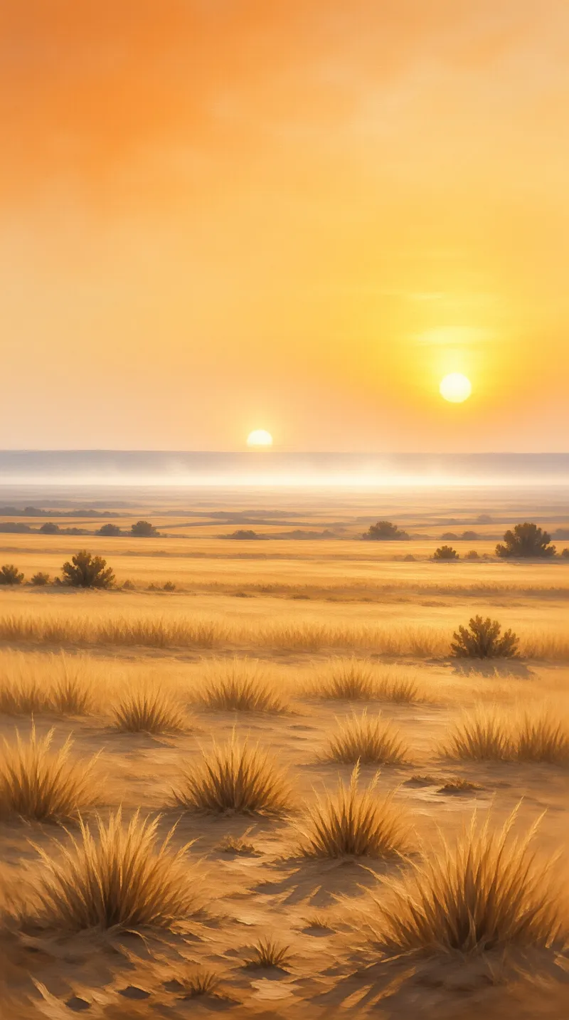 Dry grass clumps dot a misty plain beneath two glowing suns in warm orange light.