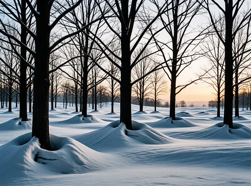 Rows of bare dark trees stand in thick white snow under a sky transitioning from pale blue to warm orange at the horizon.