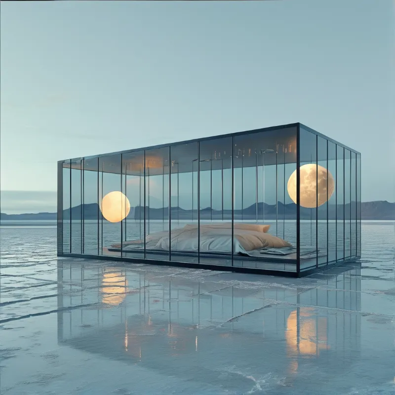 Transparent architecture housing a bed sits amidst cracked reflective earth under a twilight sky with glowing orbs.