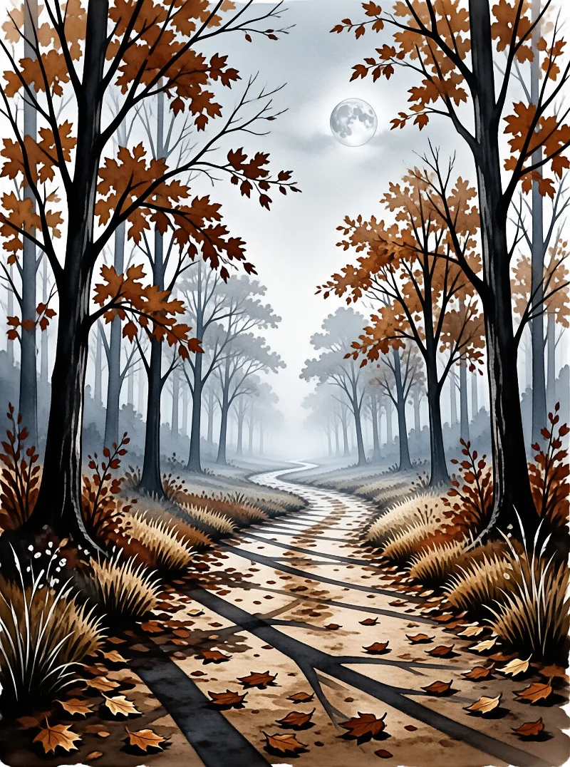 A curved path leads through a misty forest with brown autumn leaves and a bright moonlight.