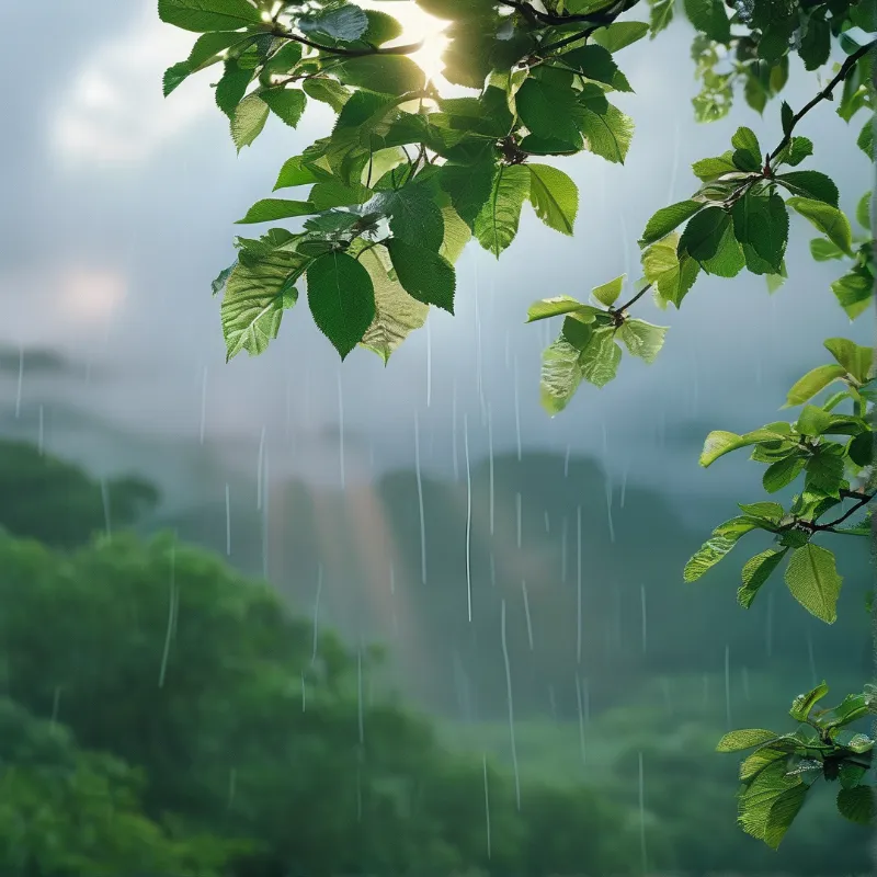 Sunlit Green Leaves in Rain