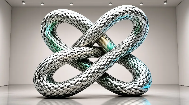 A large twisted silver rope sculpture forms an infinity loop inside a minimalist white gallery room.