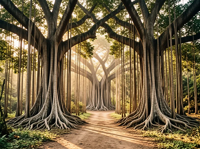 Massive banyan trunks with dangling roots line a sunlit dirt trail through the green woodland.