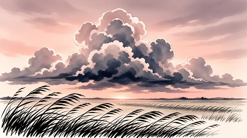 A watercolour scene of a great billowing cloud floating above a pink dusk sky and dark swaying prairie grass.