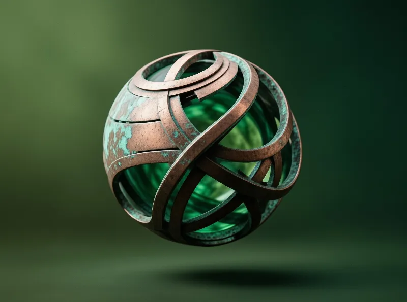 A weathered copper cage sphere floats against a blurred dark green background emitting a bright emerald glow from within