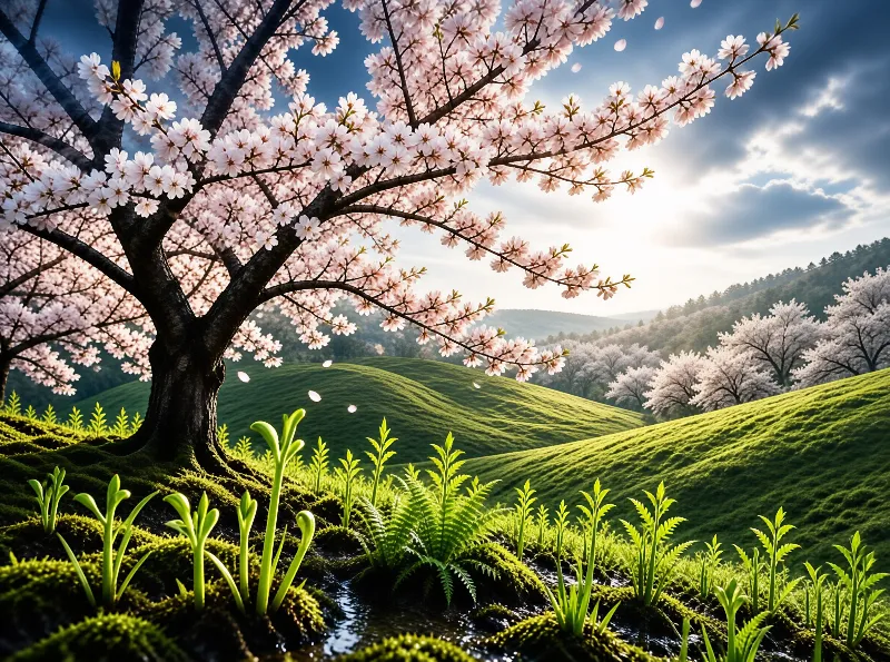 A blooming pink sakura tree crowns a mossy hillside as ferns sprout below and sunlight breaks through a moody spring sky.