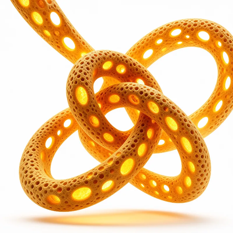 An intricate orange tubular knot with a honeycomb texture glows from within against a plain white backdrop.