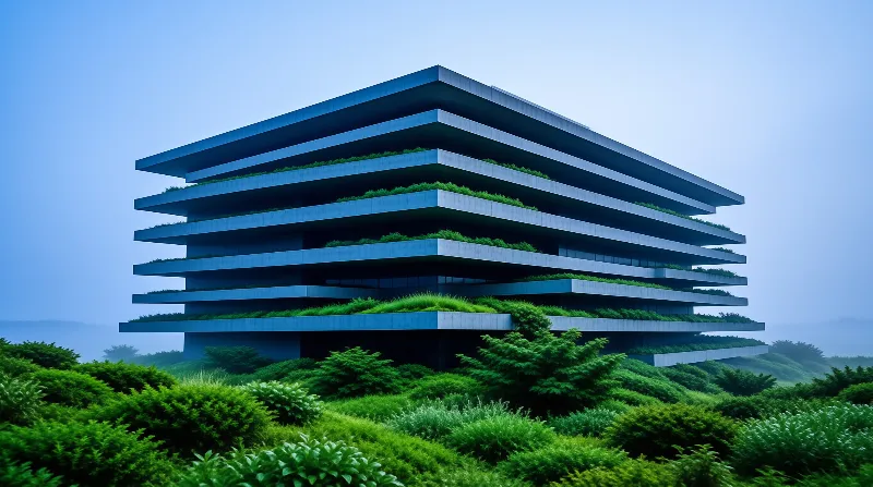 A modern multi-story structure features horizontal layers planted with grass surrounded by dense bushes under hazy blue sky.