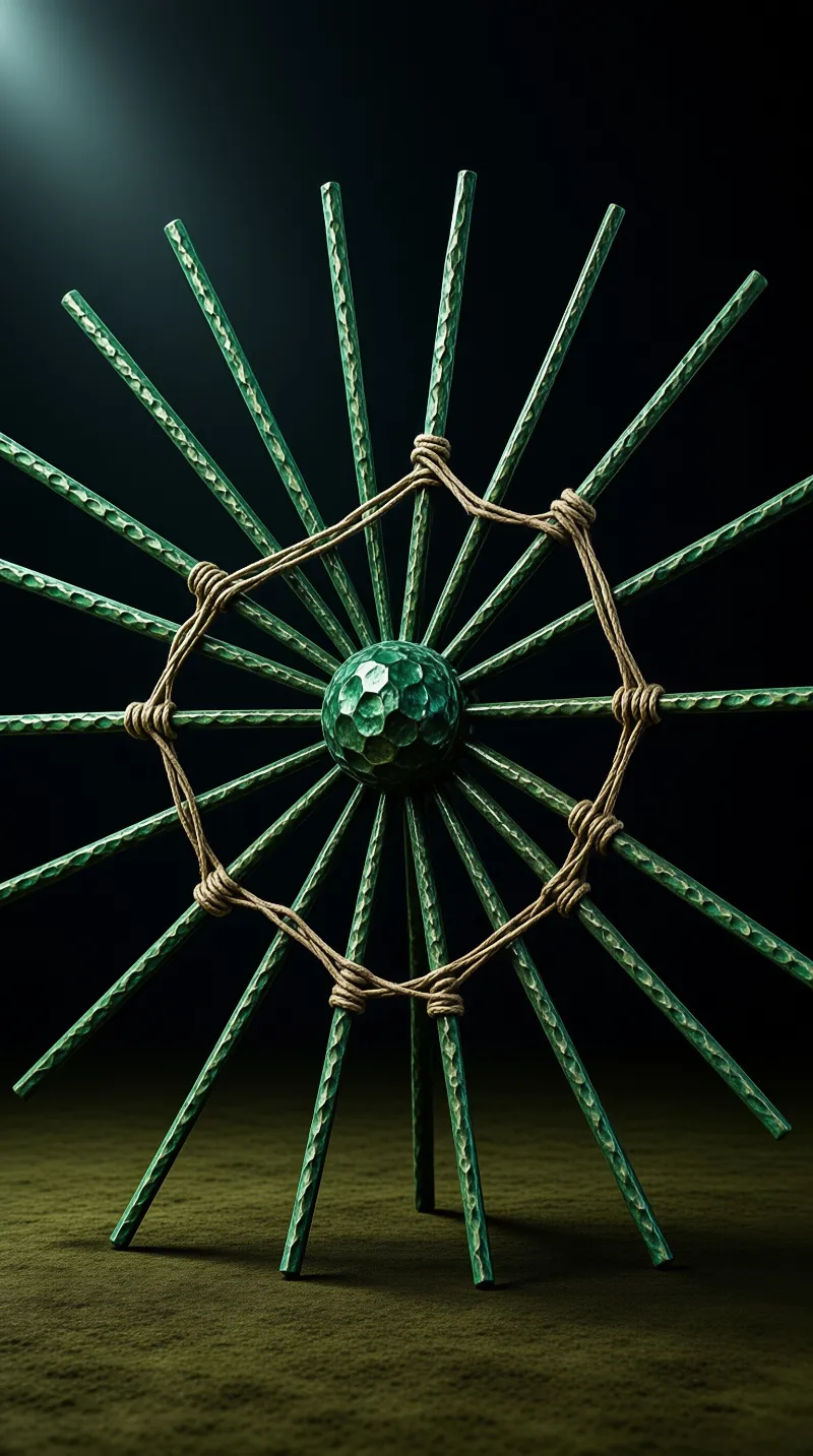Green rods radiating from a central sphere are tied with brown rope and rest on a dark surface under lighting.