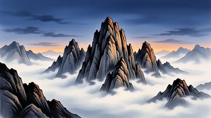 Sharp mountain ridges poke through a thick blanket of white cloud as warm dawn light strikes the cliffs.