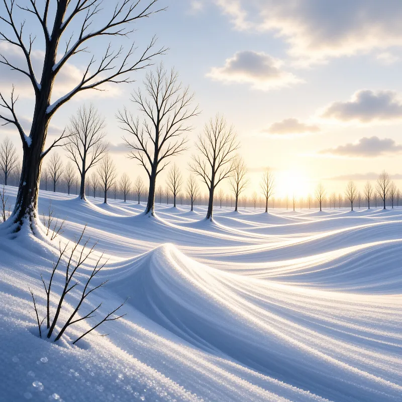 Leafless trees stand on rolling snow drifts beneath a bright golden sky.