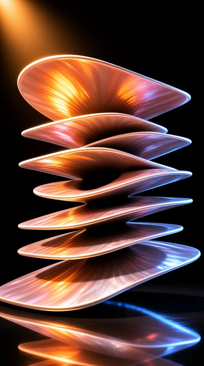 A vertical spiral of curved metallic fins floats against black, glowing copper at the top and cooling to steel blue below.