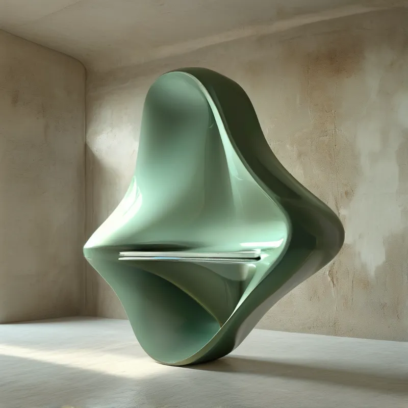 A curved green chair with a glossy finish sits in a raw concrete room illuminated by soft natural light.