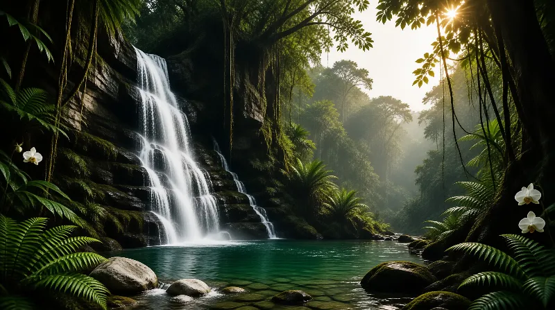 Sunlit Jungle Waterfall
