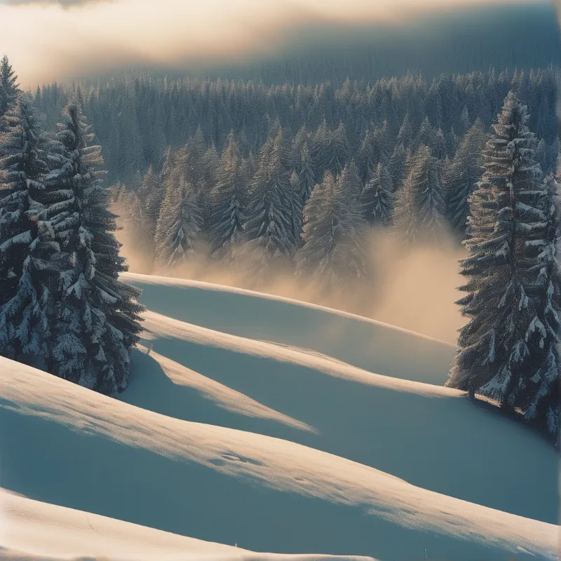 Snowy pine trees frame a misty valley where warm sunlight illuminates the rolling hills and distant forest.