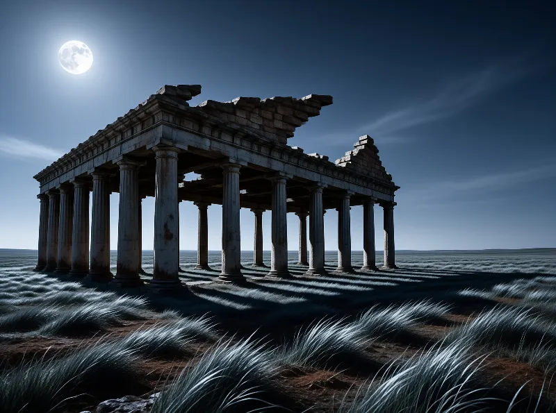 Ancient stone columns of a ruined temple stand on a grassy plain beneath a bright full moon casting long shadows.
