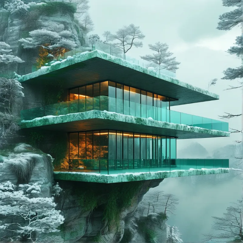 A modern glass structure extends from a snowy cliffside with warm interior lighting surrounded by misty pine trees.
