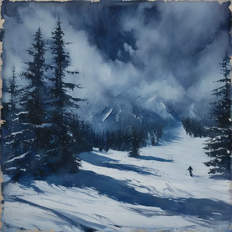 A solitary figure skis down a wide snowy path flanked by dark evergreen trees and distant mountains shrouded in blue mist.