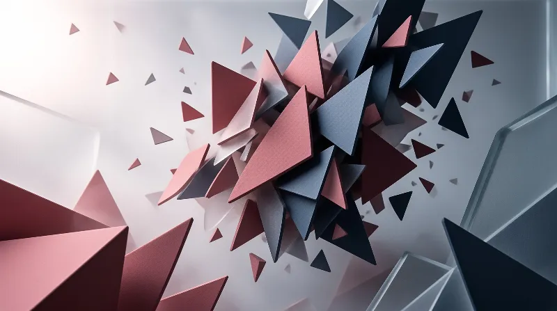 A burst of pink and blue triangular fragments radiating outward against a bright blurred background.