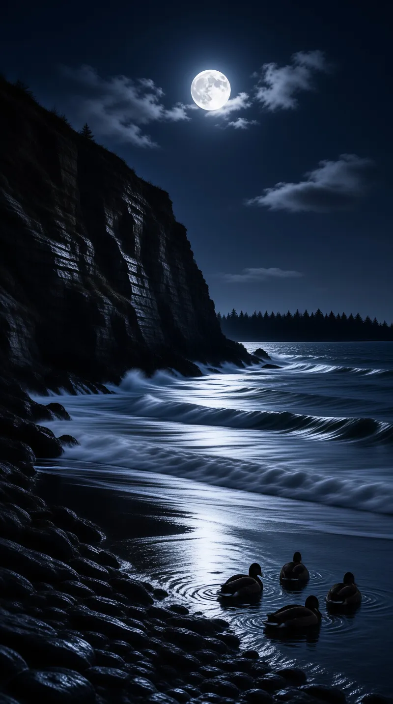 Four ducks swim near dark rocks under a bright full moon shining over crashing waves and steep coastal cliffs.