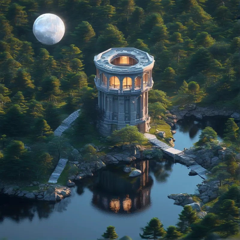 A stone rotunda with glowing windows sits on a rocky island in a lake surrounded by pine trees beneath a full moon.