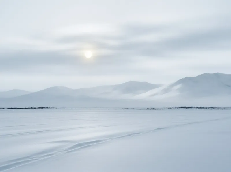 Rolling snowy hills rise across a vast frozen plain beneath a cloudy sky where a bright sun shines through the mist.